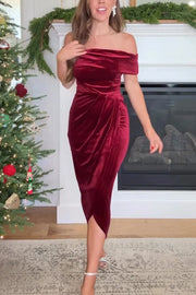 Solid Color Velvet Off-shoulder Slim-fit Elegant Slit Midi Dress