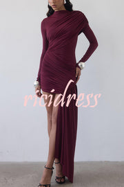 Solid Color Long-sleeved Pleated Slim-fit Elegant Ribbon Mini Dress