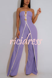 Fashionable Contrast Color Off-shoulder Metal Decoration Casual Elegant Jumpsuit