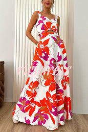 Stylish Floral Print Sling Top and Large Hem Pockets Maxi Skirt Set