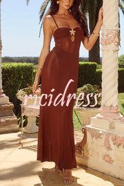 Espresso Sexy Mesh Floral Hardware Slip Stretch Maxi Dress