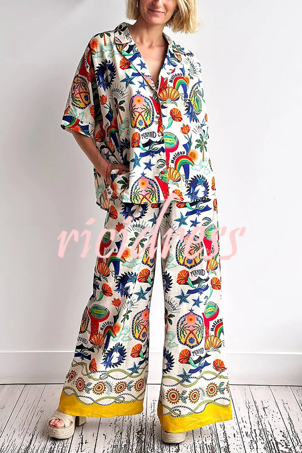 Linen Blend Unique Print Loose Short Sleeve Shirt and Elastic Waist Tie Pocket Pants Set