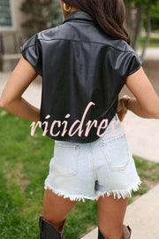 Fashion Faux Leather Pocket Sleeveless Cropped Jacket