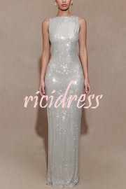 Holiday Nights Sequin Boat Neck Sleeveless Slit Maxi Dress