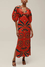 Kaya Linen Blend Color Block Print Front Cutout Knot Puff Sleeve Maxi Dress