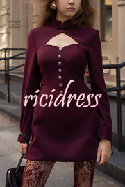 Elegant Long-sleeved Hollowed-out Button-down Slim-fit Mini Dress