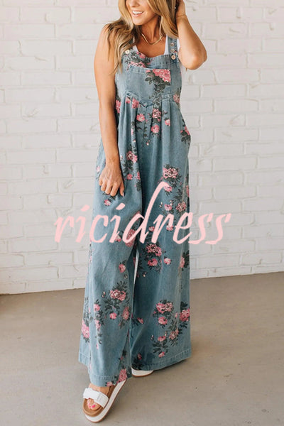 Fashion Floral Print Casual Button Pocket Loose Denim Overalls
