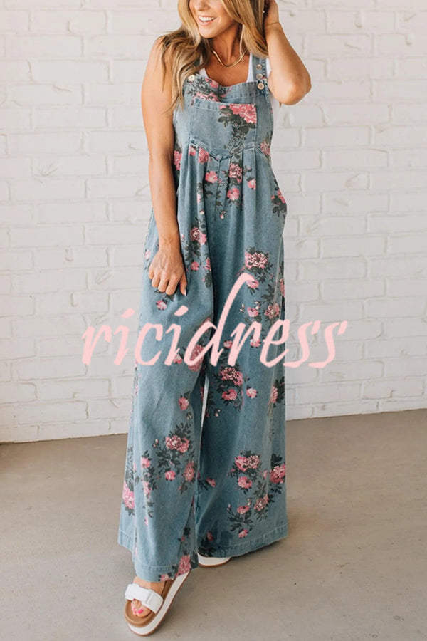Fashion Floral Print Casual Button Pocket Loose Denim Overalls