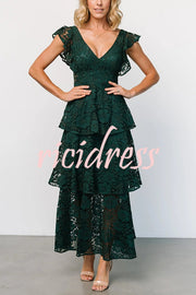 Solid V-neck Ruffled Sleeves Cinched Waist Maxi Dress