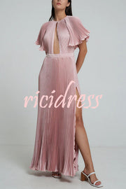 Flash Goddess Satin Pleated Bell Sleeve Cutout Detail Gown Maxi Dress