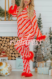 Christmas Party Striped Print Pocket Feather Elastic Waist Pajama Set