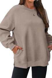 Solid Color Round Neck Pocket Loose Warm Long Sleeve Sweatshirt