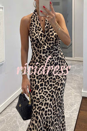 Wild Sexy Leopard Print Halter Cowl Neck Top and Elastic Waist Flare Maxi Skirt Set