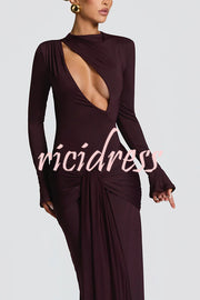 Sexy Cutout Fitted Long-sleeved Pleated Satin Ribbon Maxi Dresses
