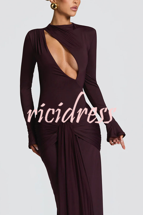 Sexy Cutout Fitted Long-sleeved Pleated Satin Ribbon Maxi Dresses