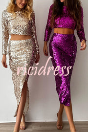 Solid Sequined Long-sleeved Crop Top and Sexy Slit Midi Skirt Set