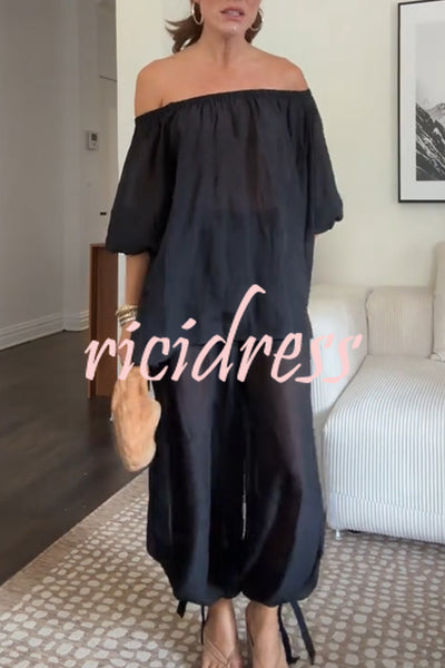 Comfortable Area Chiffon Off Shoulder Balloon Sleeve Top and Elastic Waist Knotted Bloomer Set
