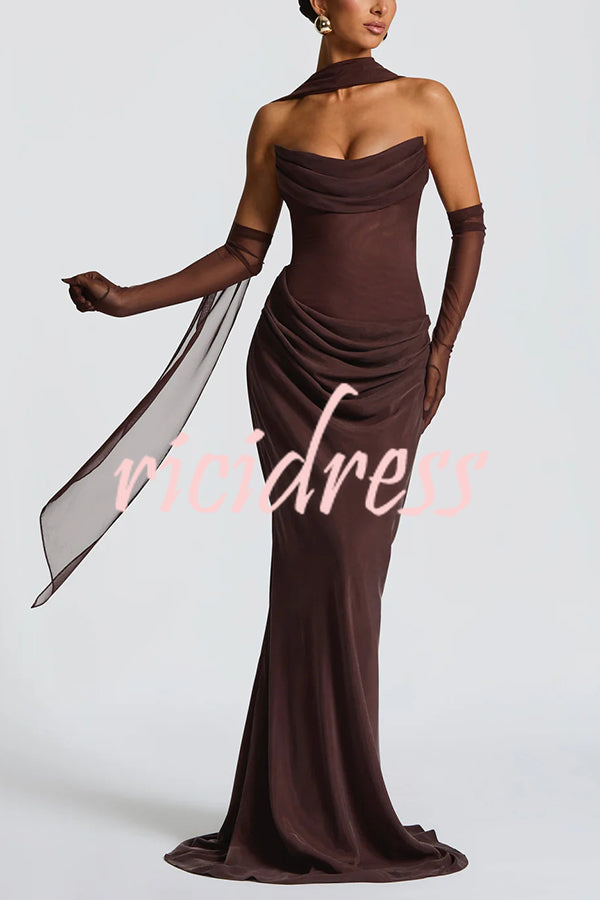 Liora Ruched Cowl Neck Sheer Mesh Waist Off Shoulder Scarf Maxi Dress