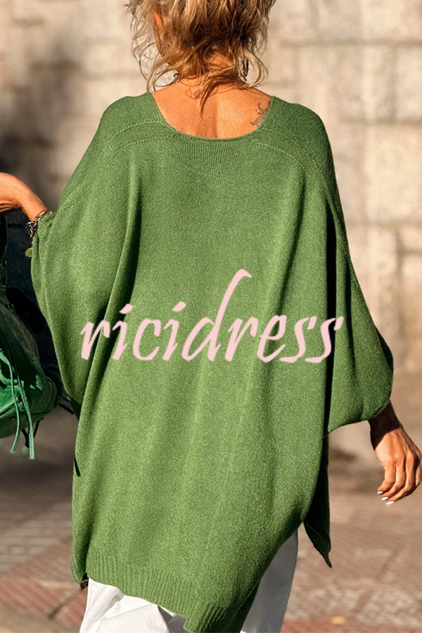 Fashion V-neck Loose Pocket Mid-length Knitted Sweater
