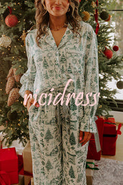Christmas Night Satin Loose Shirt and Elastic Waist Pocketed Pajama Set
