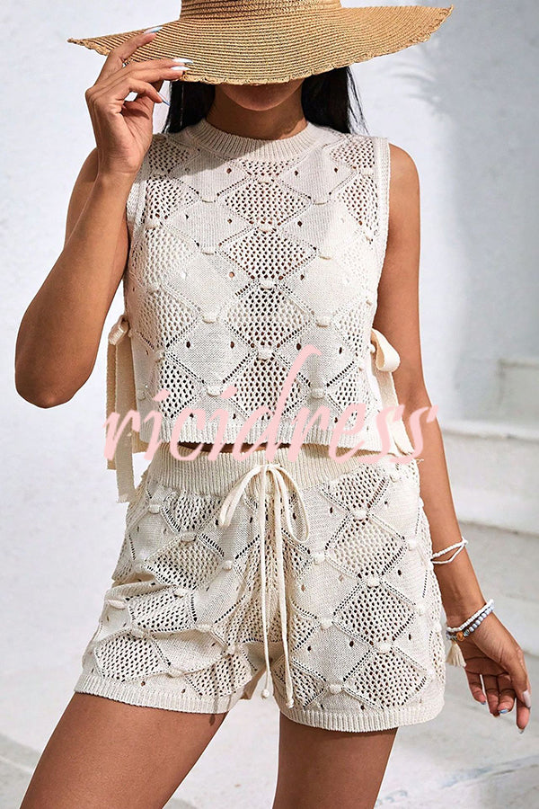 Solid Color Sleeveless Tie Knitted Vest and Loose Elastic Waist Drawstring Shorts Set