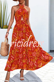 Floral Print Halter Neck Paneled Hollow Pleated Backless Maxi Dress