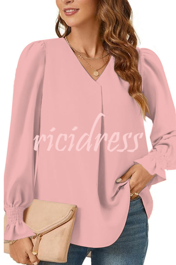 Solid Color V-neck Elastic Cuffs Long-sleeved Loose Top