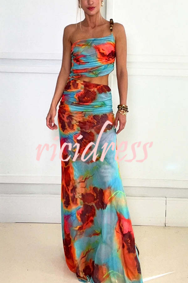 Darla Mesh Tie Dye Print Beaded One Shoulder Ruched Stretch Maxi Dress