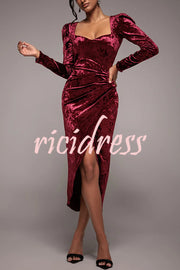Solid Color Velvet Long-sleeved Slim-fit Slit Midi Dress