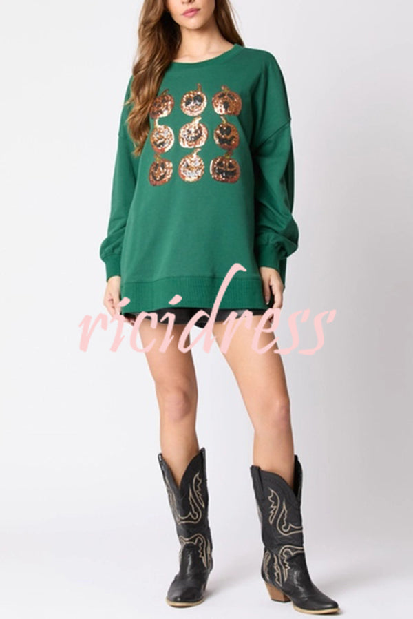 Halloween Pumpkin Sequin Loose Casual Sweatshirt