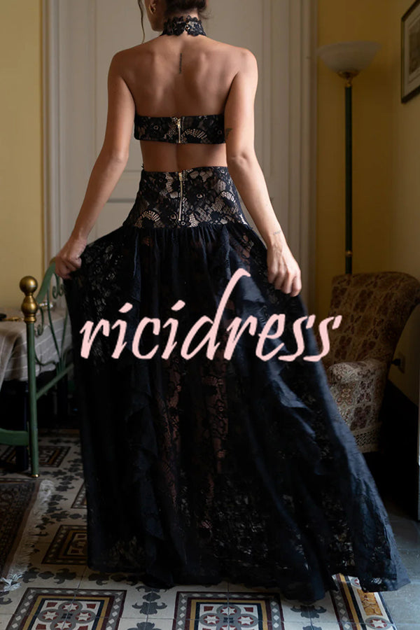 A Girls' Trip Lace High Neck Cutout Drop Waist Ruffles Maxi Dress