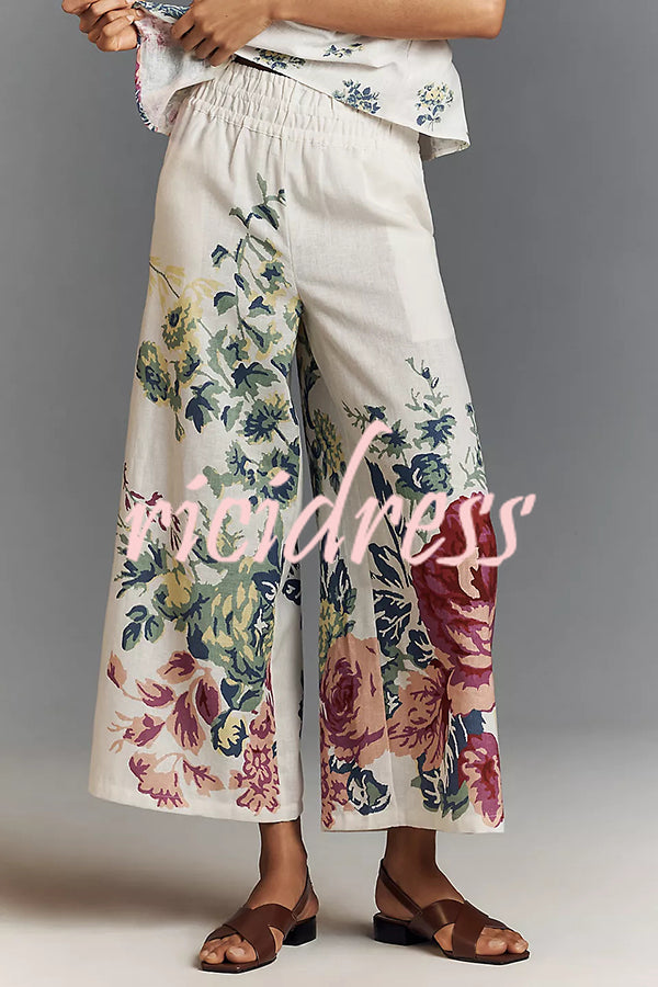 In To The Summer Linen Blend Floral Print Elastic Bandeau and Elastic Waist Pocket Loose Pants Set