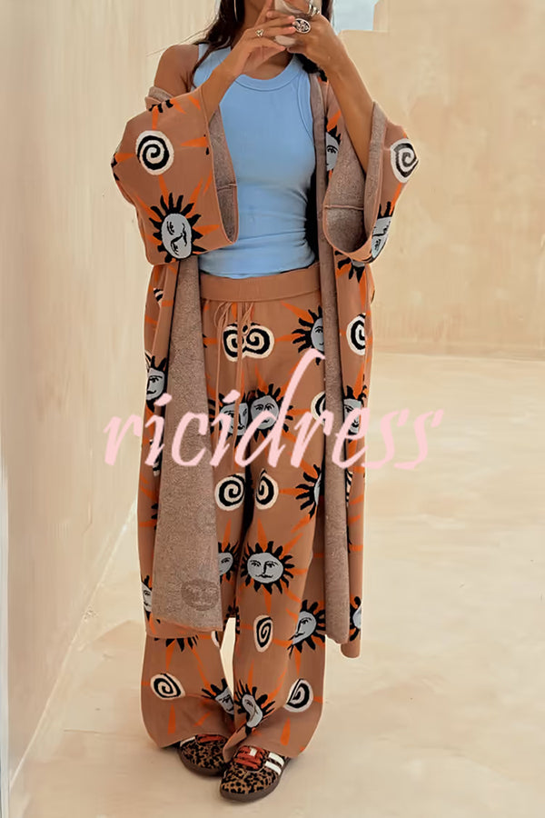 Mediterranean Art Knit Unique Sun Vortex Print Elastic Waist Wide Leg Pants