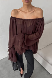Solid Color Chiffon Off-shoulder Long-sleeved Loose Cover-up Top