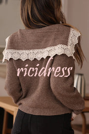Fashionable Lace-trimmed Sailor Collar Casual Knit Cardigan