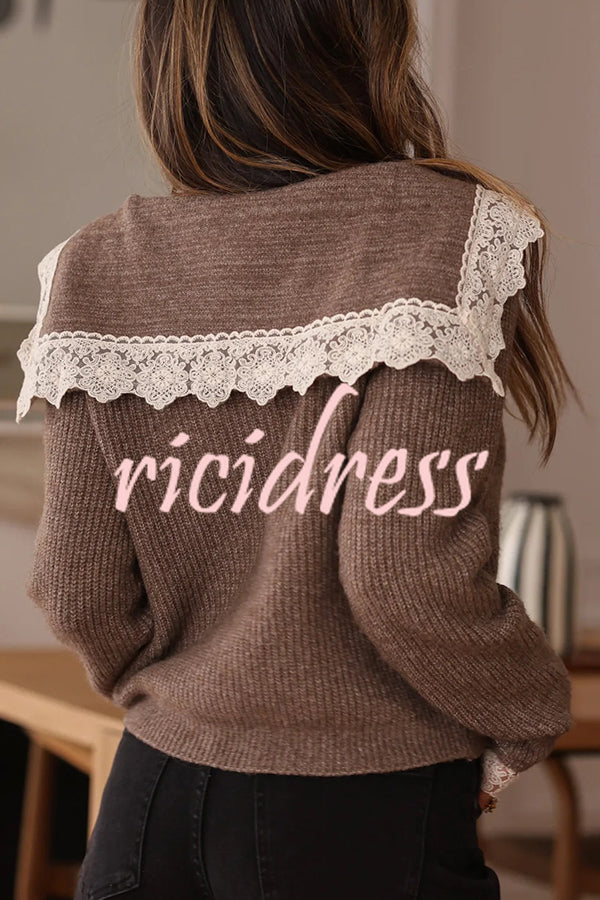 Fashionable Lace-trimmed Sailor Collar Casual Knit Cardigan