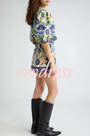 Elouise Linen Blend Unique Print Button Puff Sleeves Tie-up Pocketed Romper