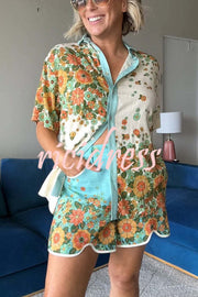 Retro Linen Blend Floral Print Shirt and High Rise Pocketed Slit Shorts Set