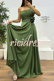 Nasha Satin Pleated One Shoulder Petal Gemstone Detail Pocket Slit Maxi Dress