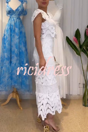 Elouise Wave Dot Embroidery Lace Back Tie-up Top and Elastic Waist Maxi Skirt Set
