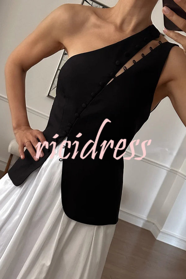 Full of Design Solid Color One Shoulder Asymmetric Slit Button Casual Vest