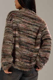 Fashionable Mixed Color Loose V-neck Casual Knit Cardigan