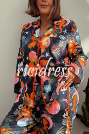 Evening Routine Unique Print Color-block Trim Loose Shirt and Elastic Waist Pocketed Pajama Set