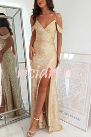 Prom Dreamland Sequin Cold Shoulder Ruched Slit Maxi Dress