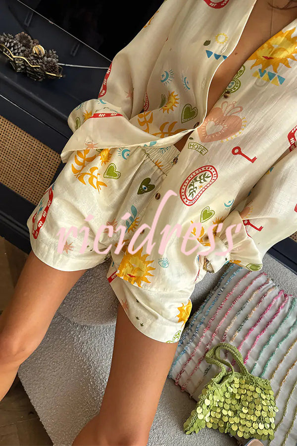 Funny Vacation Unique Printed Long Sleeve Shirt and Elastic Waist Pocket Loose Shorts Set