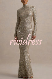 Galaxy Premium Sequin Turtle Neck Long Sleeve Maxi Dress