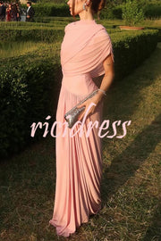 Elegant Mesh Cape-style Pleated Draped Maxi Dress
