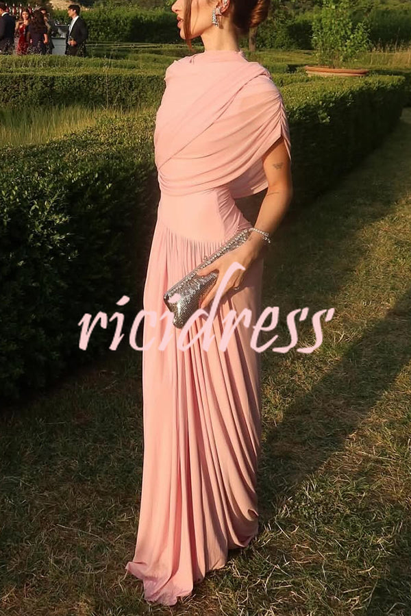 Elegant Mesh Cape-style Pleated Draped Maxi Dress