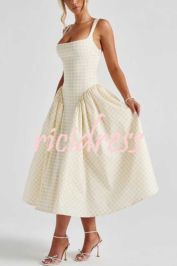 Playful Elf Gingham Square Neck Back Smocked Lace-up Midi Dress