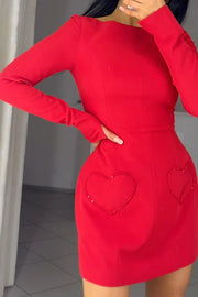Anna Sparkling Gemstone Trim Heart Pocket Long Sleeve Mini Dress
